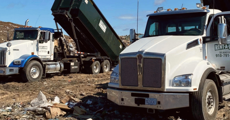 two trucks with roll-off dumpsters being emptied Rent-A-John roll-off dumpsters for rent Wilmington NC